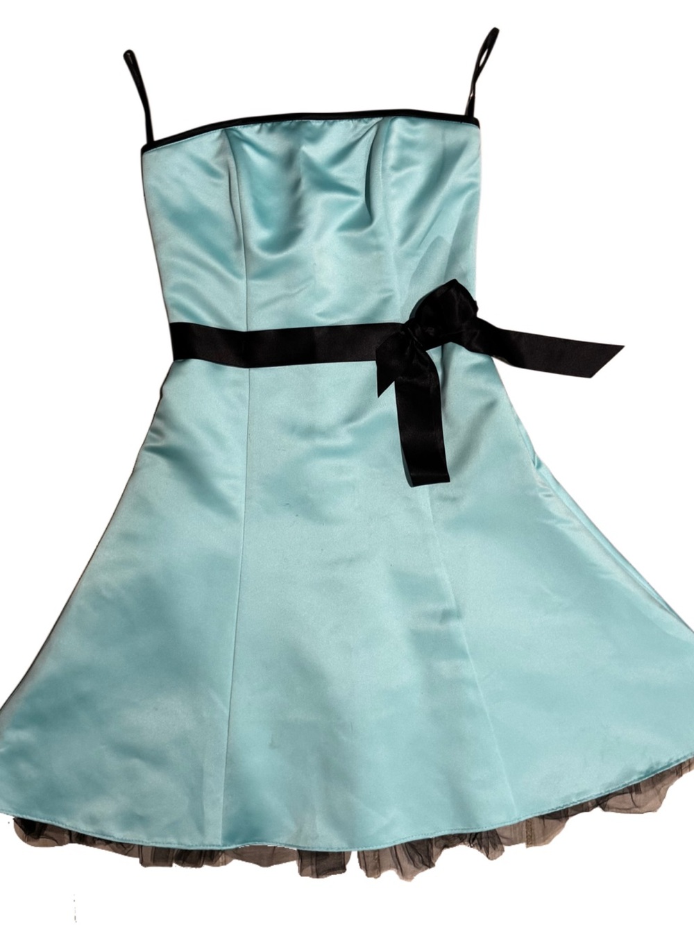 Gunne Sax Aqua Blue Satin Mini Dress with Black Trim